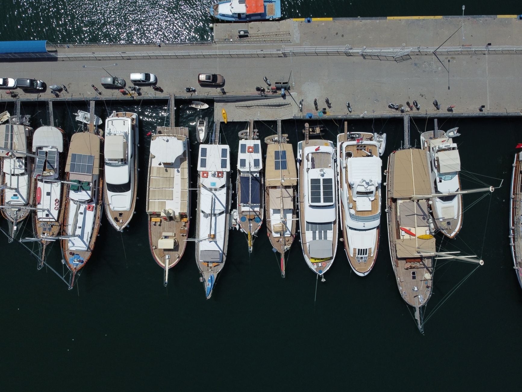 The harbor rows from above — the tidy habits licences are made of