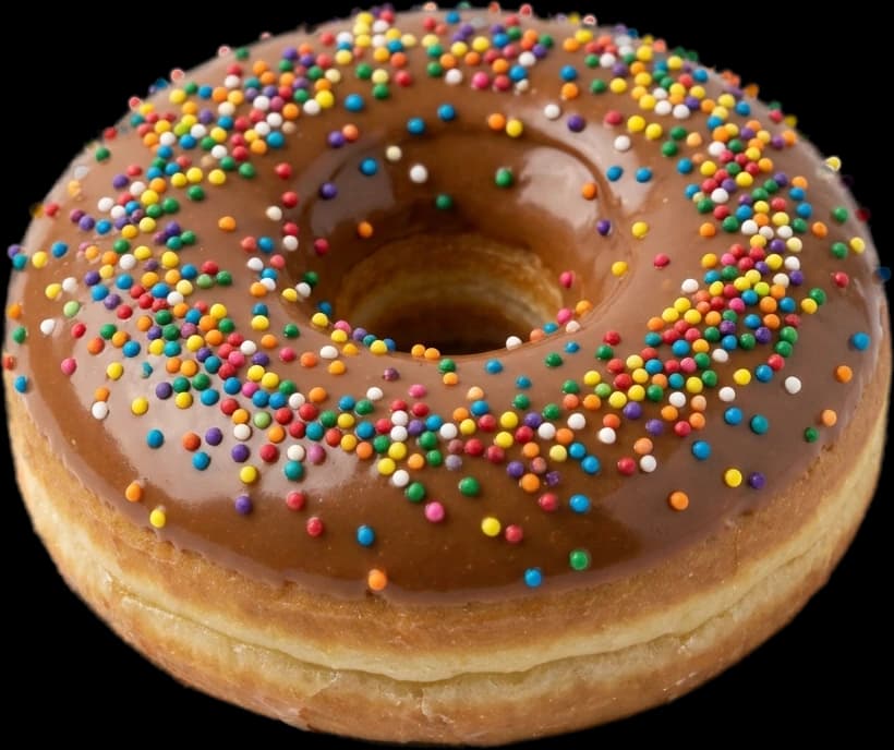 A chocolate-glazed donut with rainbow sprinkles, from above
