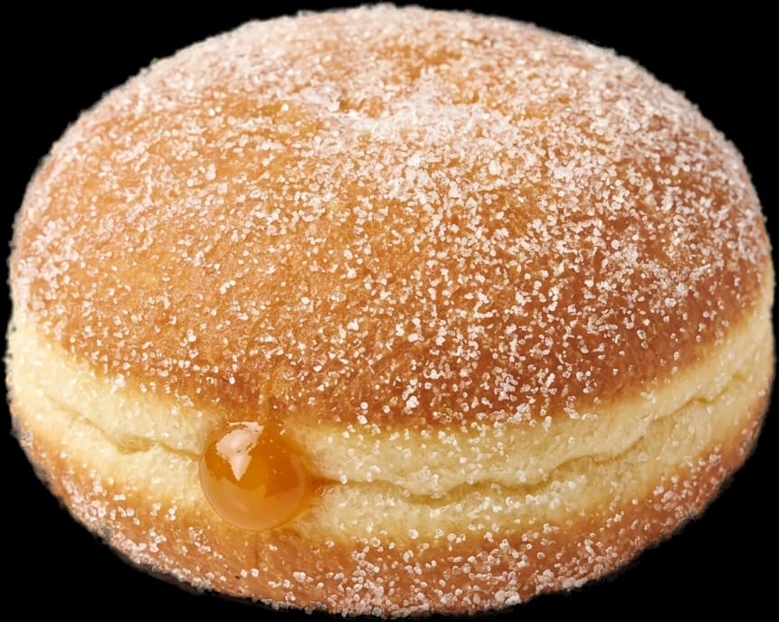 A sugared jam donut, whole, with a dot of apricot showing where it was filled