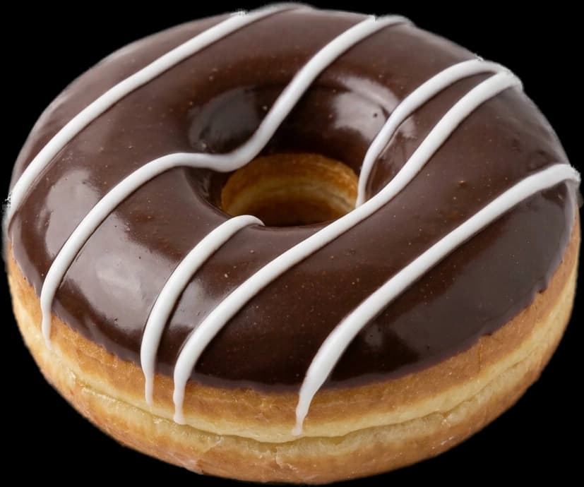 A chocolate-glazed donut with a white icing stripe
