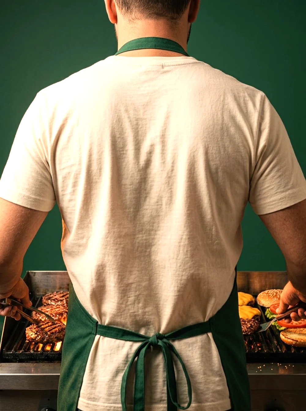 A cook at the griddle, photographed from behind in a green apron