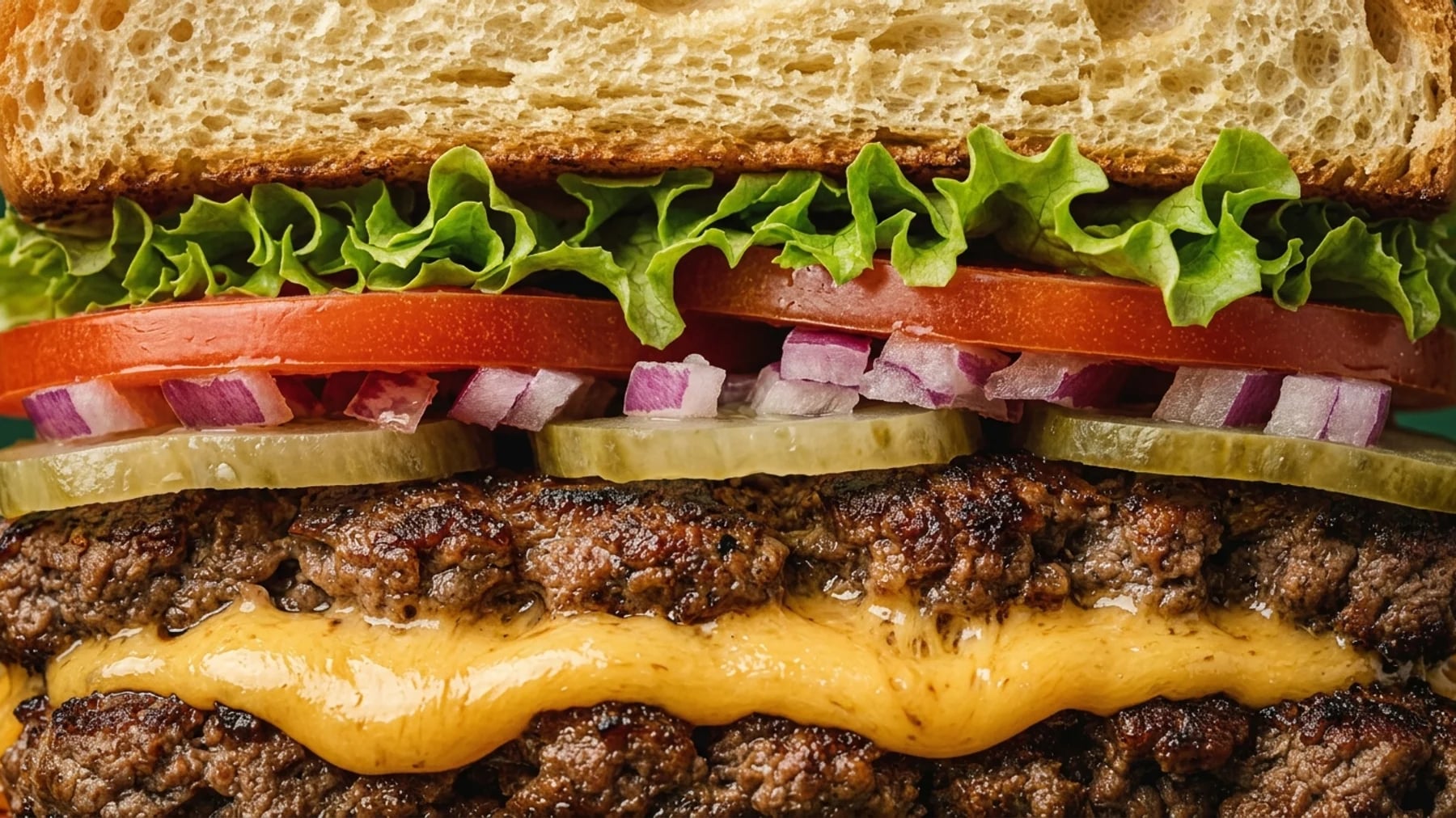 A cheeseburger in cross-section, the layers reading as bands across the frame