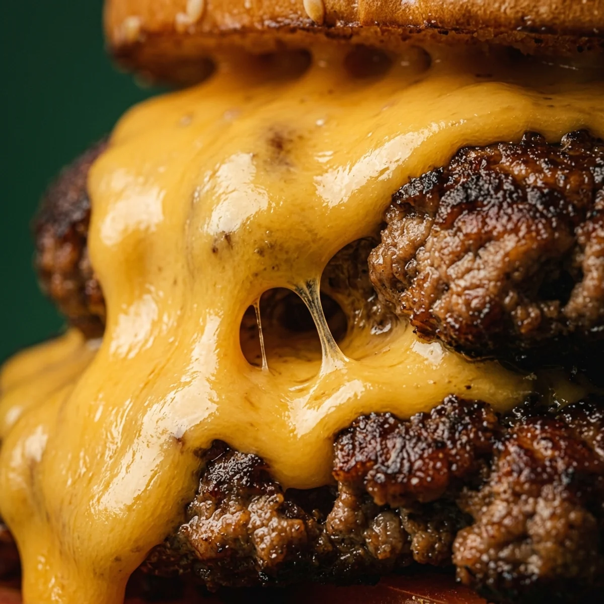 Molten cheese pouring over a seared patty, close enough to lose the edges of the frame