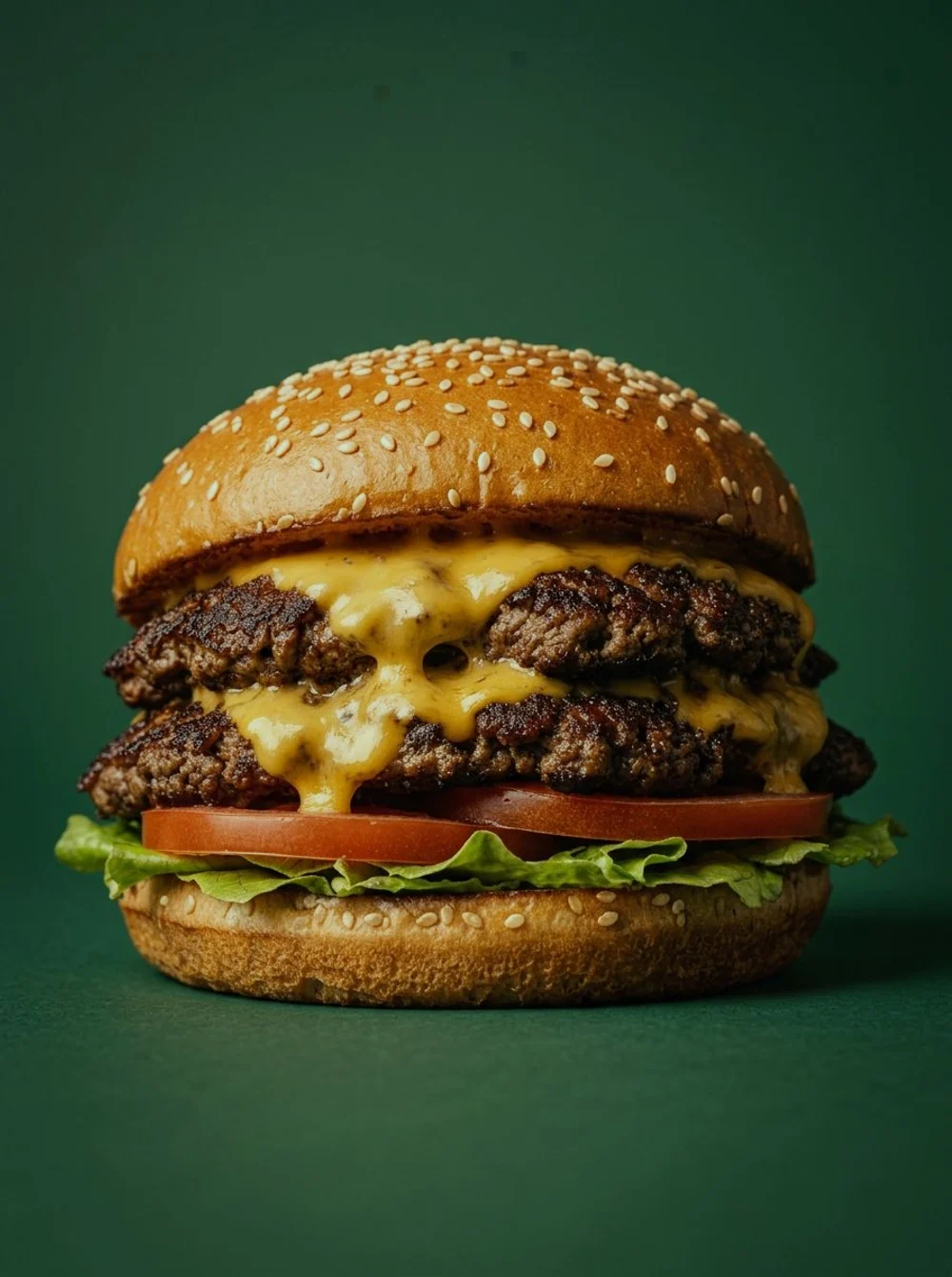 A tall double-stack cheeseburger shot from below