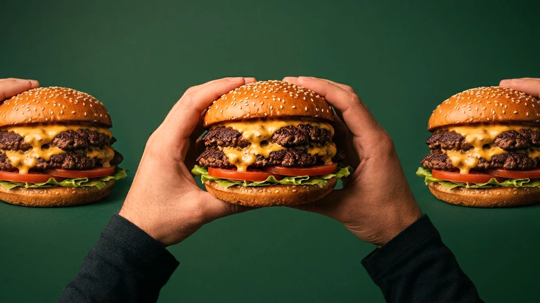 Three identical cheeseburgers standing in a row on the green sweep