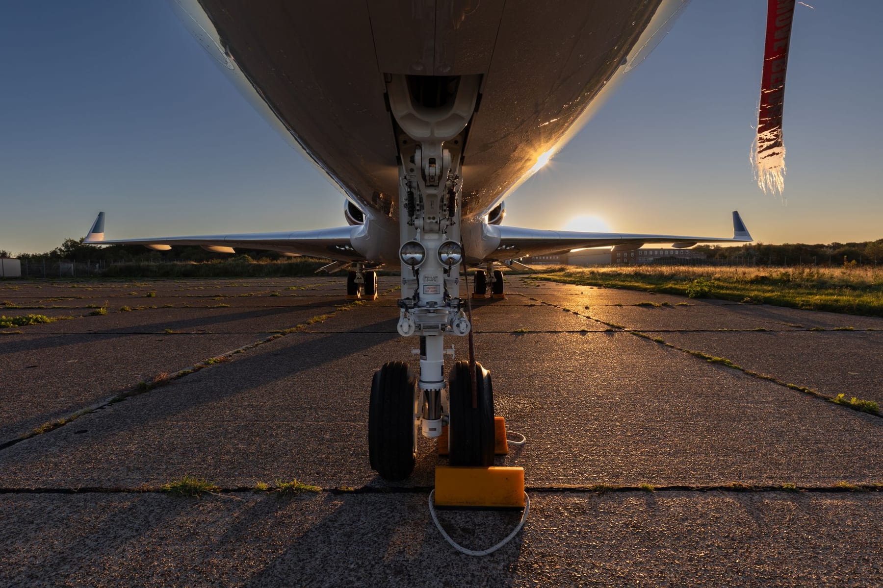 A business jet's nose gear, close