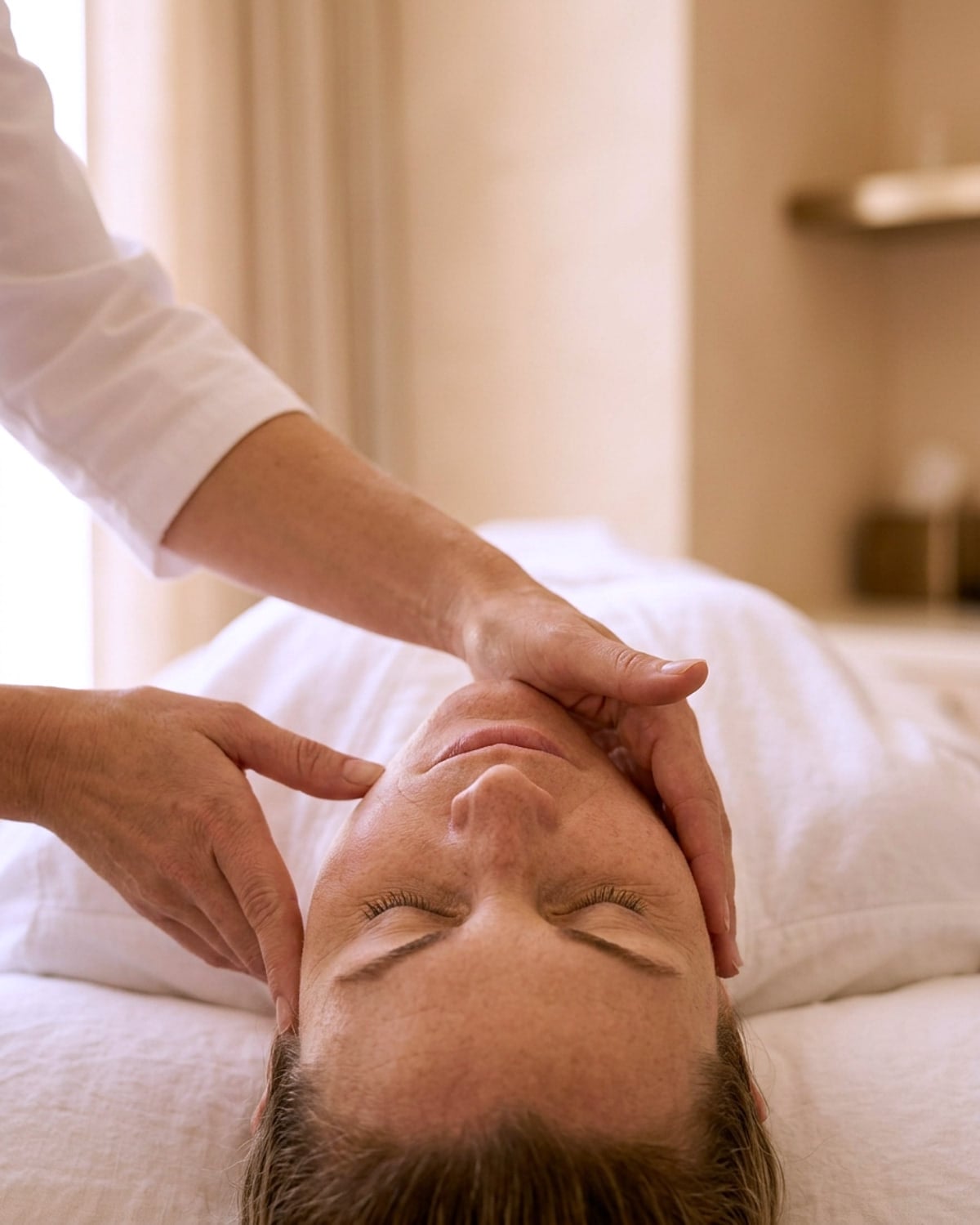 A practitioner working on a client's face in a bright treatment room