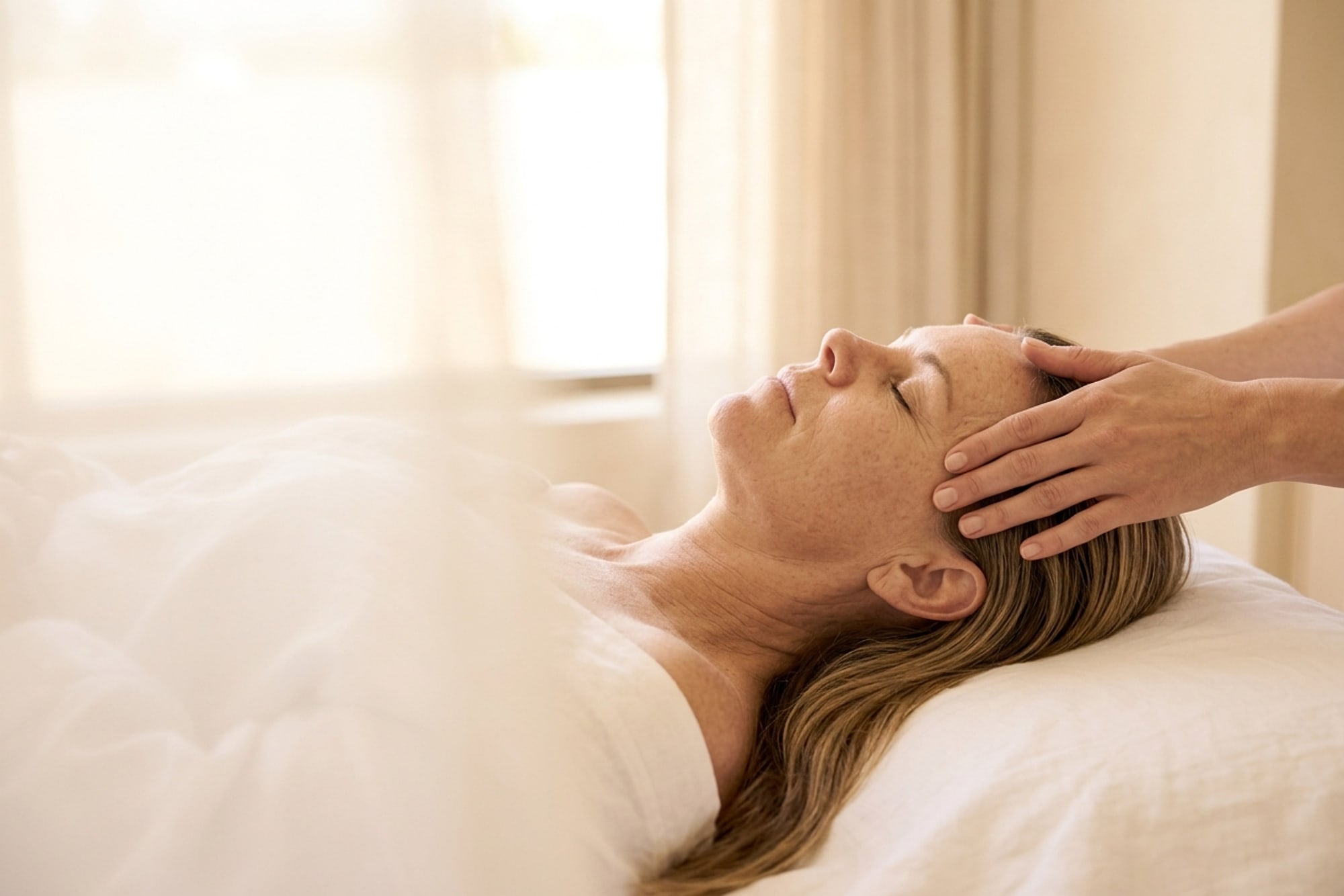 A woman lying on a treatment couch with her eyes closed, a practitioner's hand at her temple