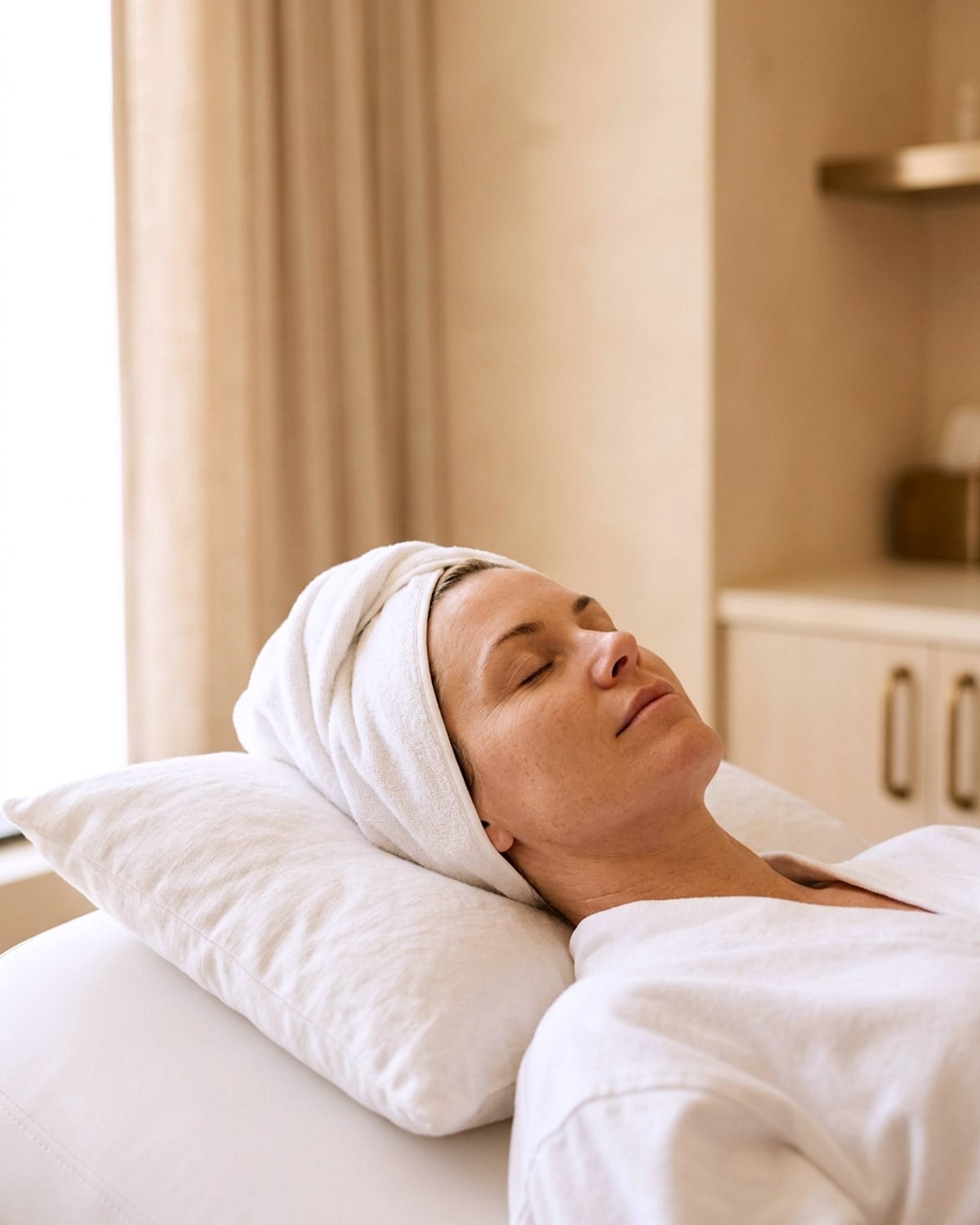 A woman with a towel wrapped around her hair, eyes closed, hands at her temples
