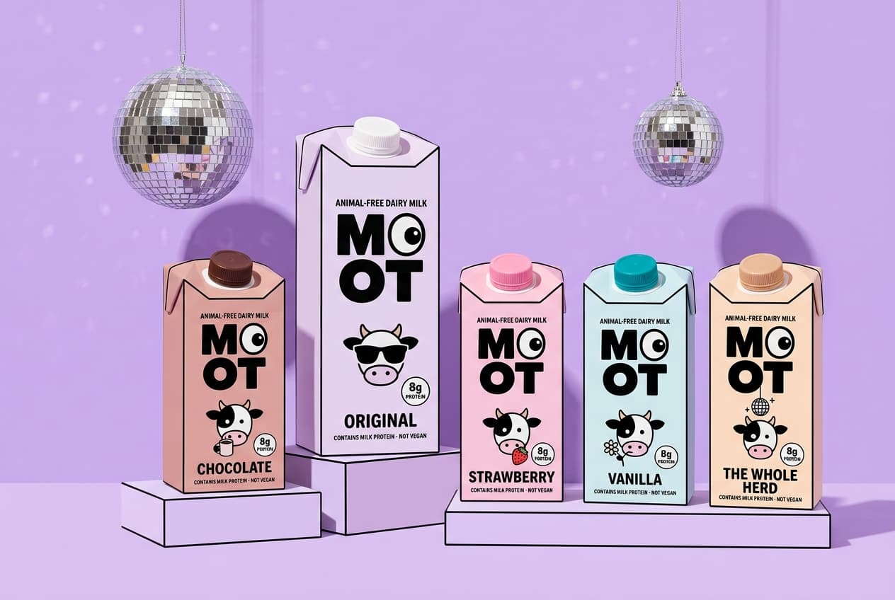 A row of MOOT cartons under two mirror balls