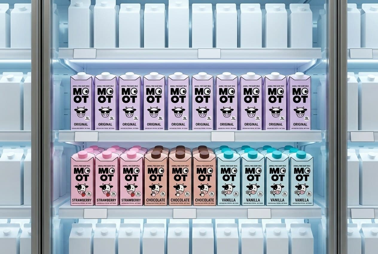 MOOT cartons in a grocery dairy case