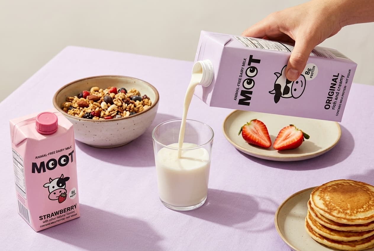A glass being filled from an Original carton at a breakfast table