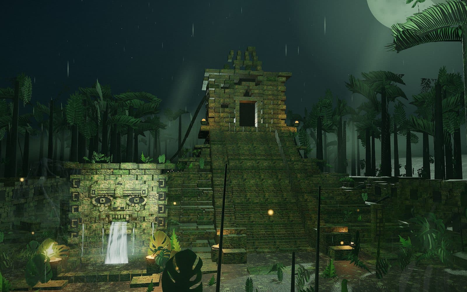 The same temple without ambient occlusion, where the stones look lit but not seated.