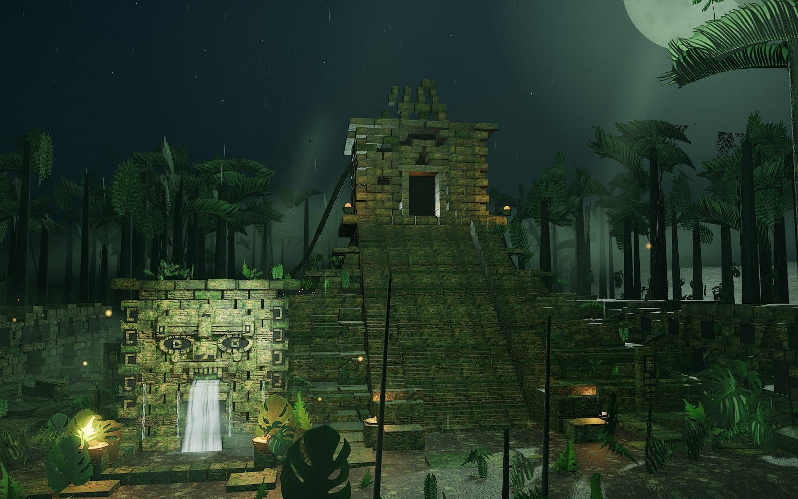The ruined temple at night with ambient occlusion, showing dark contact shadows where stones meet.