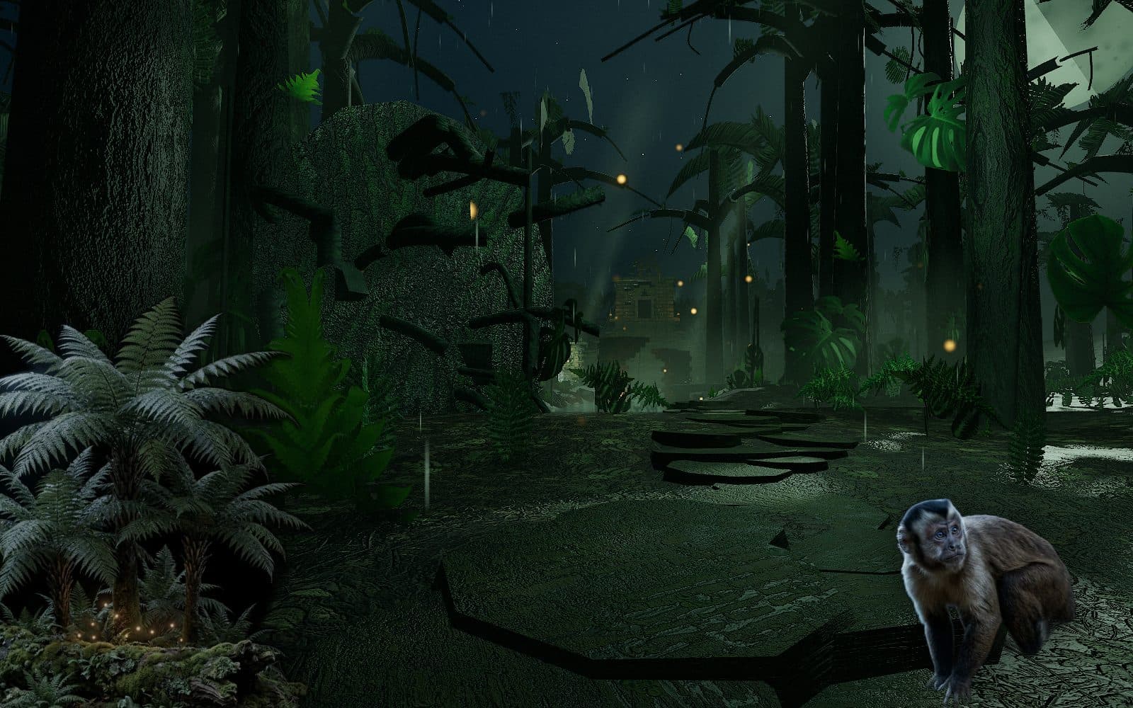 The understory chapter with photographic cutouts of ferns and a capuchin monkey at the edges of the frame.