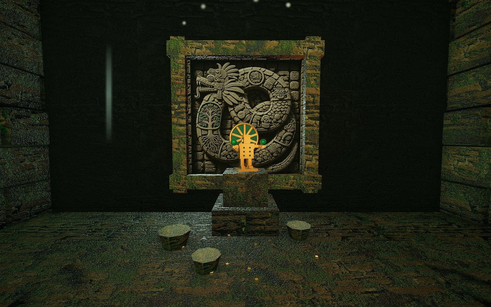 Inside a small stone chamber, a carved relief of a serpent devouring its tail hangs in a stone frame on the back wall; a small gold figure with a radiating halo stands on a plinth before it, and blackened bowls and gold beads lie on the floor.