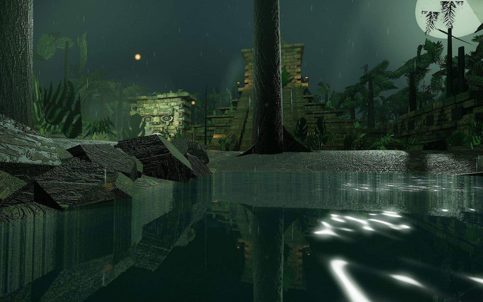 A dark forest trail between tall trunks and ferns; low in the undergrowth to the left, two small warm points of light glow side by side like a pair of eyes.