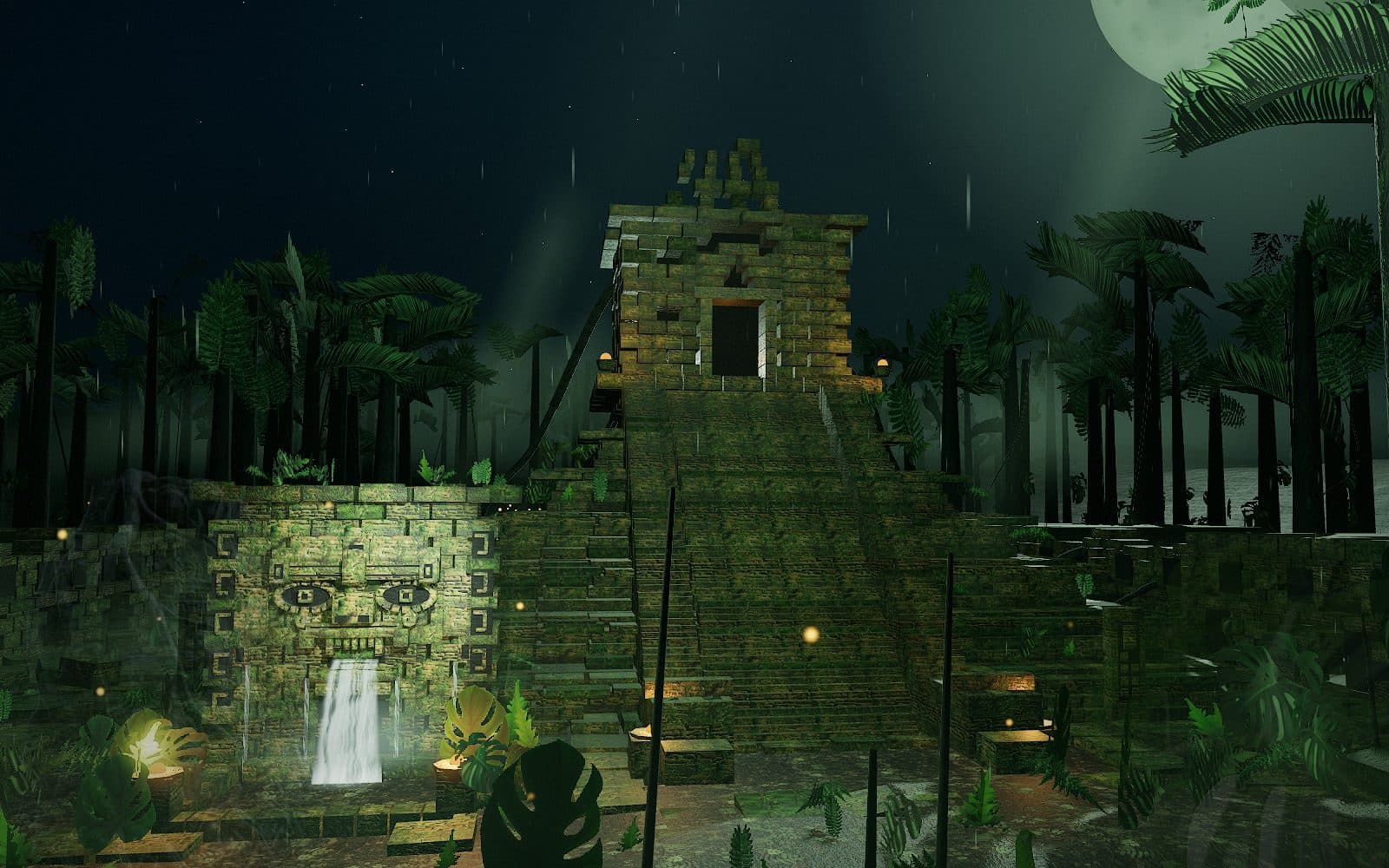 The same temple at the lowest tier, flatter and sharper, with less atmosphere and simpler shadows.