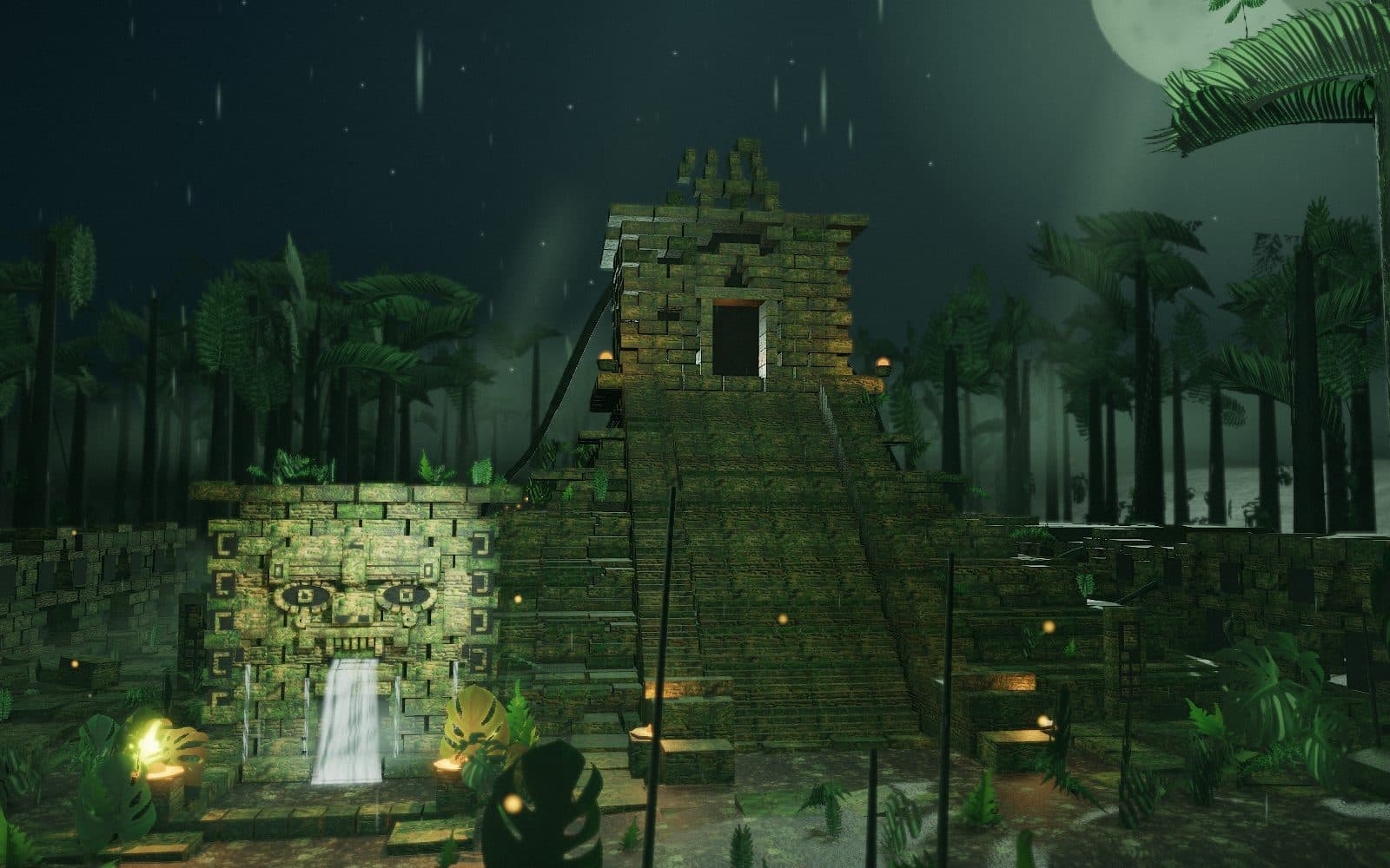 The ruined temple rendered at the highest quality tier, with soft occlusion, depth of field and heavy atmosphere.
