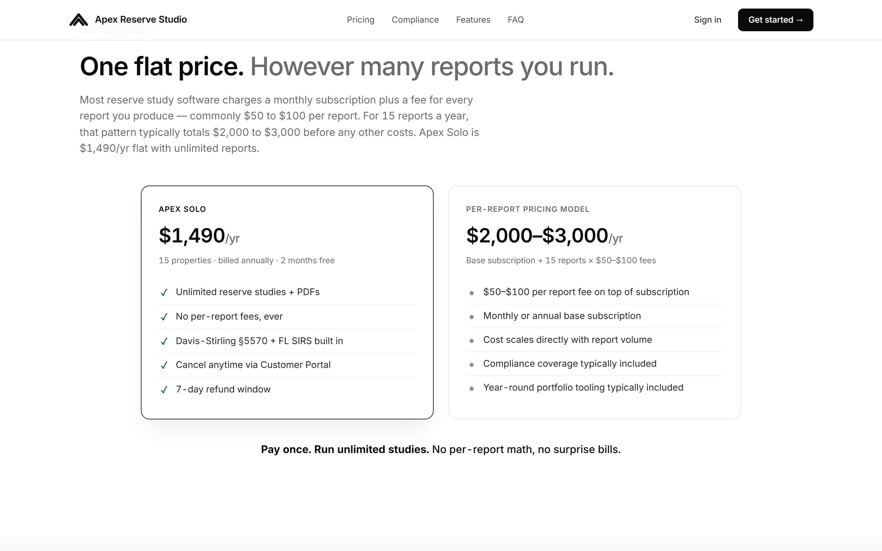 Apex Reserve Studio: One flat price against the per-report model
