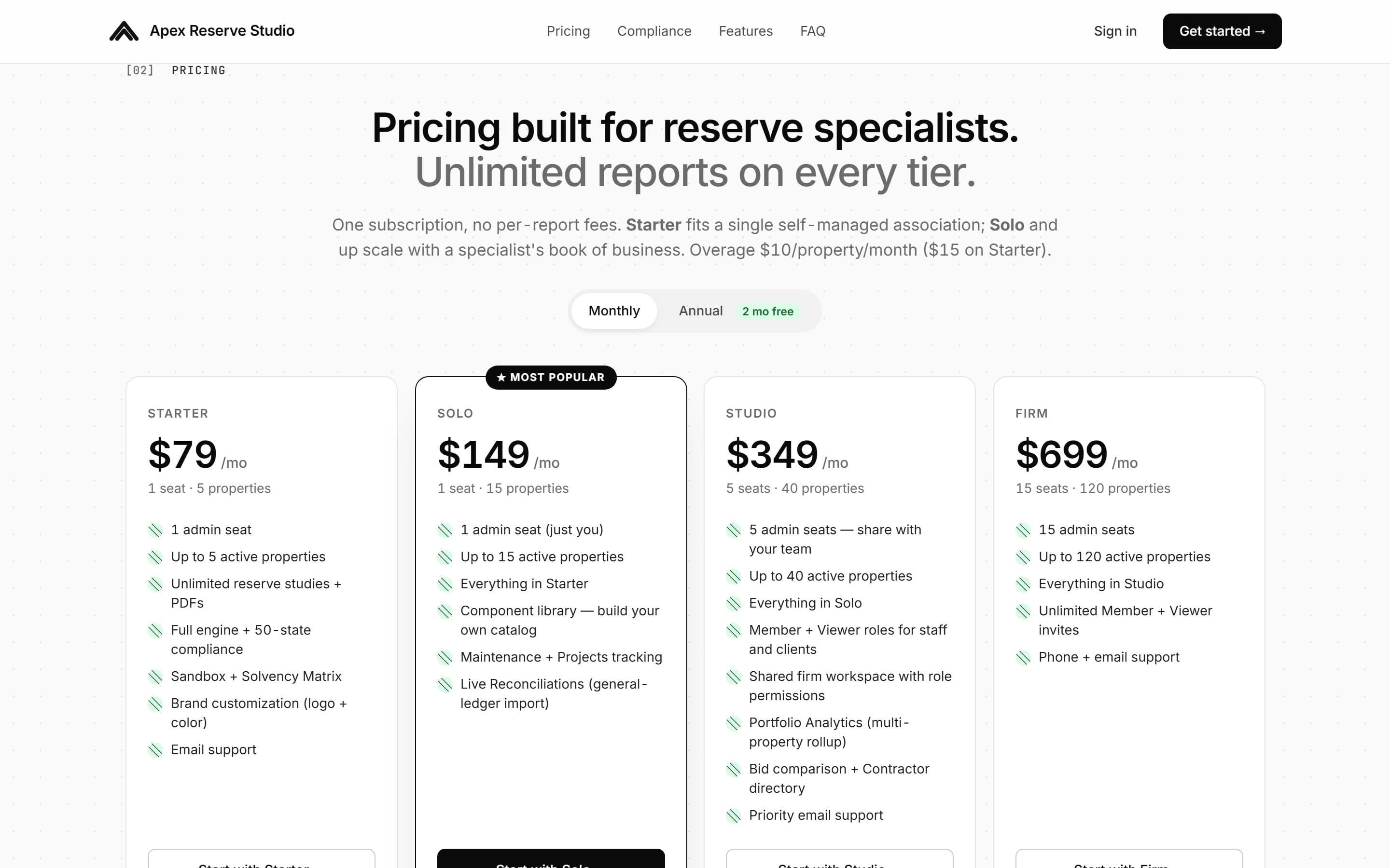 Apex Reserve Studio: Pricing: flat plans, unlimited reports