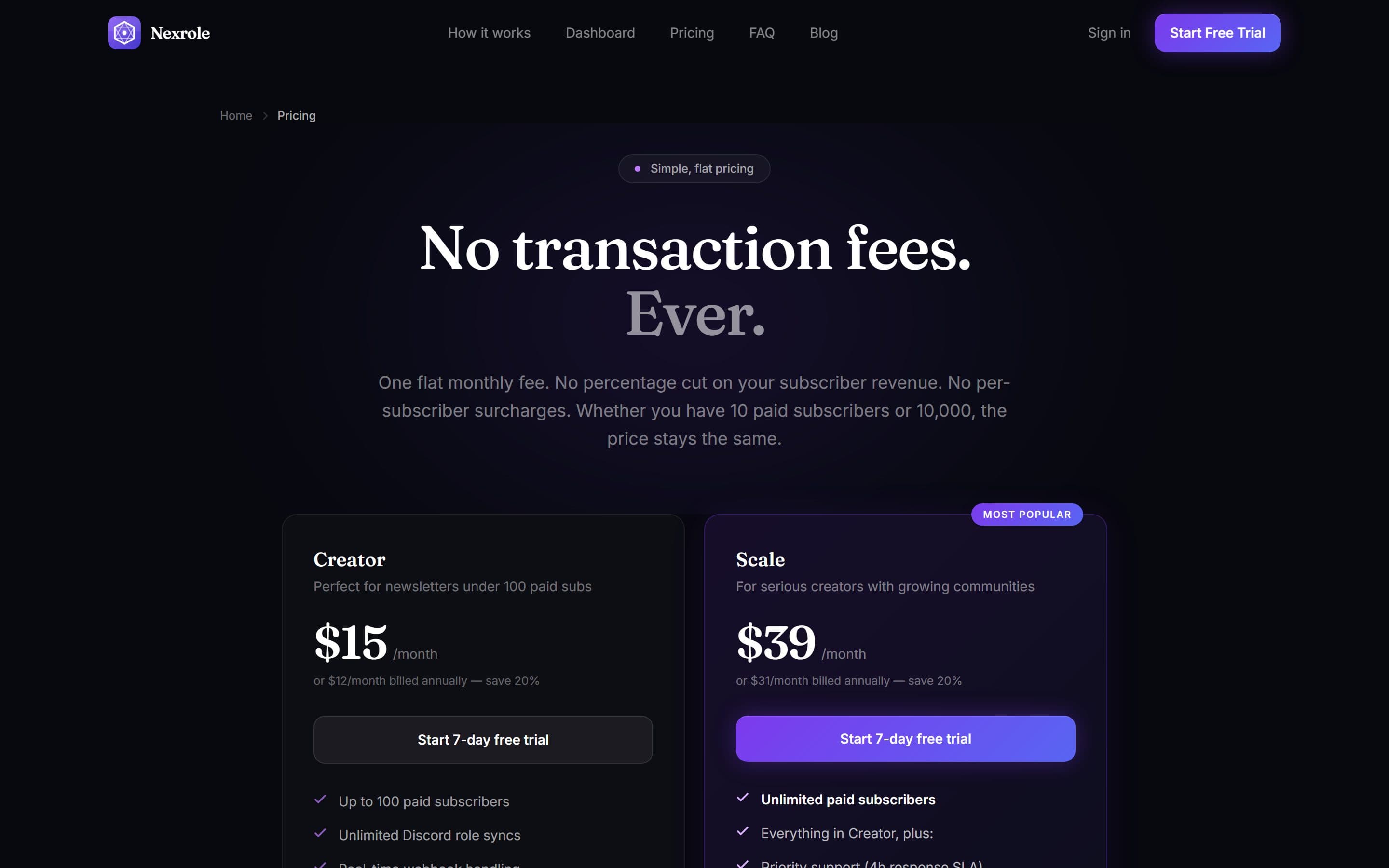Nexrole: Pricing: flat monthly plans, zero transaction fees