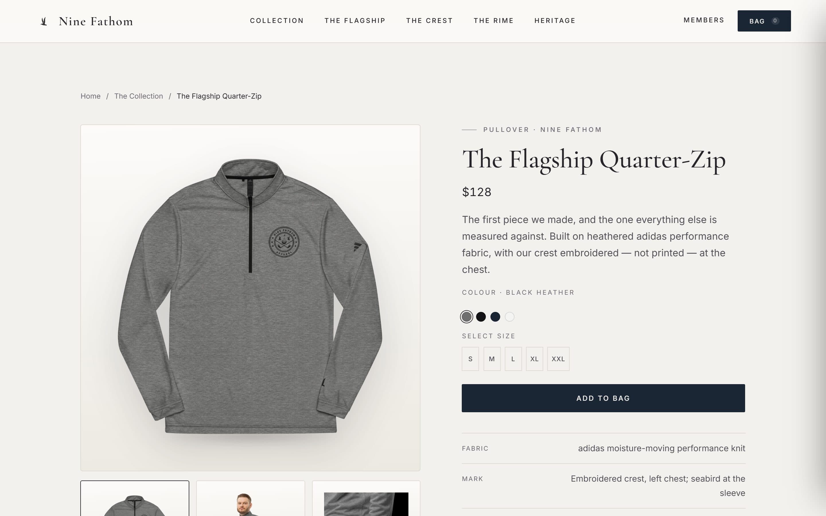 Nine Fathom: The Flagship Quarter-Zip product page