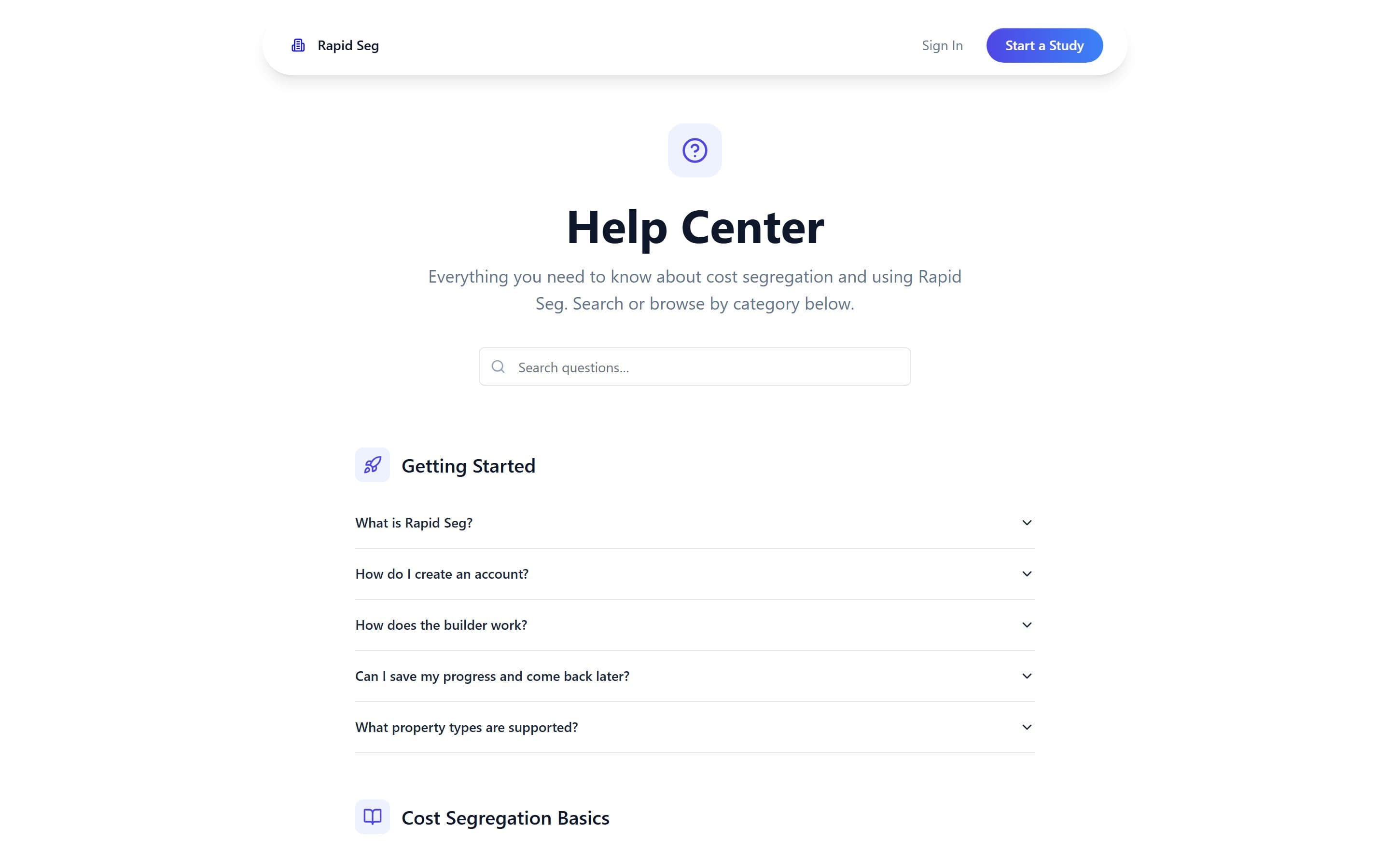 RapidSeg: The help center, organized into six topic categories