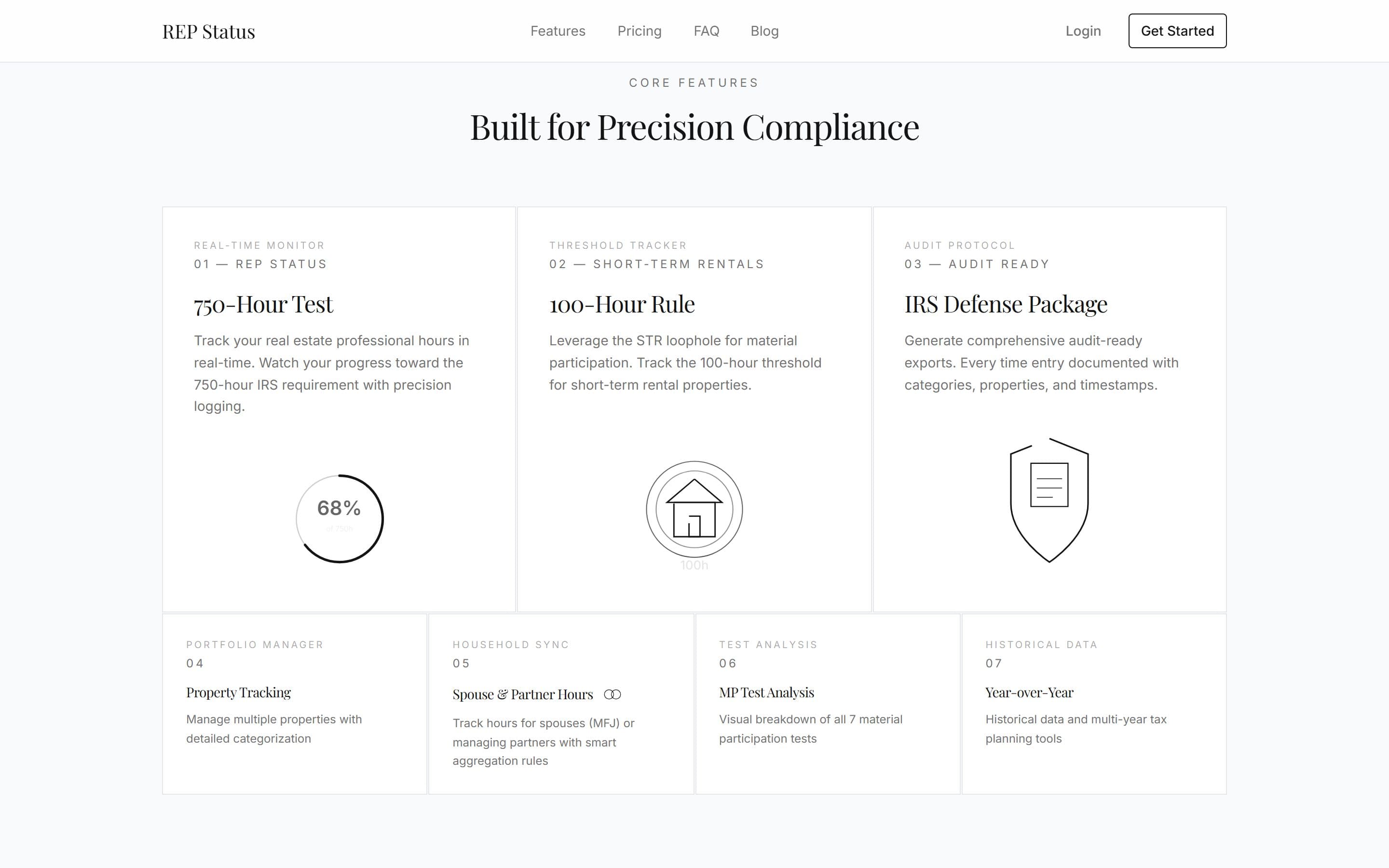 REP Status: Homepage feature grid with live 750-hour progress ring