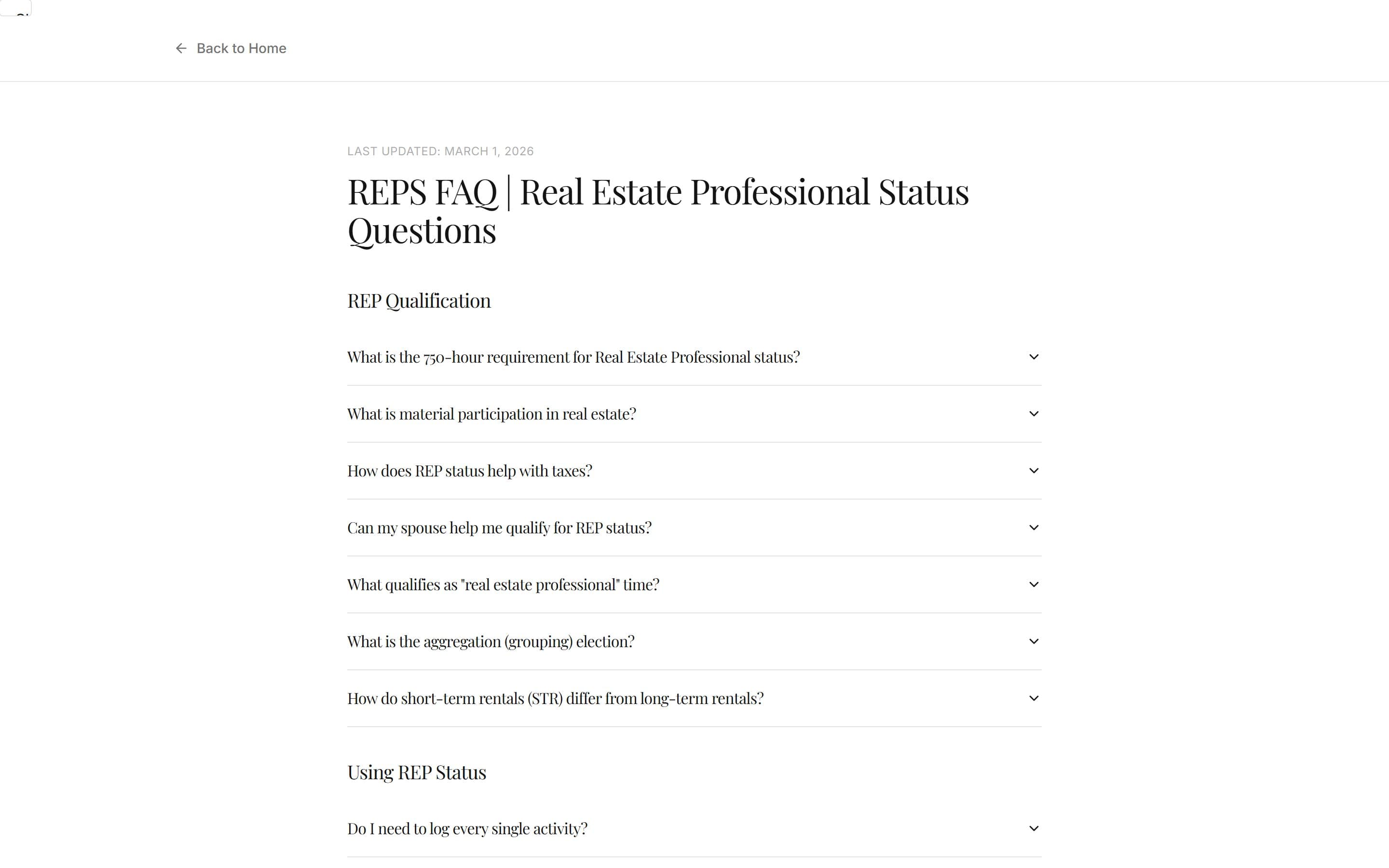 REP Status: FAQ page: qualification, product, and billing questions