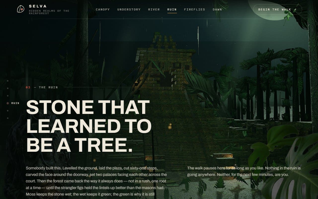Selva: 03 — The temple: sixty-one steps, the mask fountain at its foot, fires still lit on the causeway